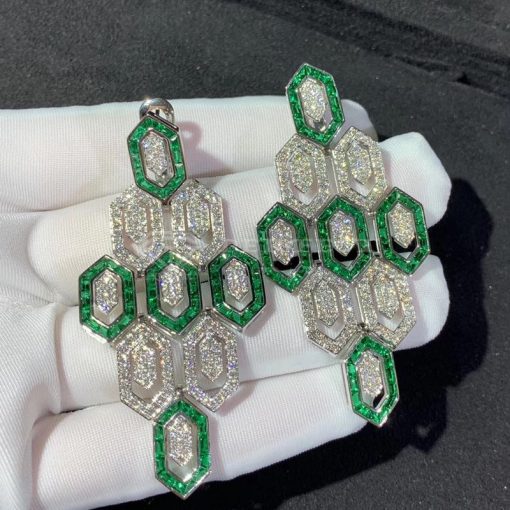 Bvlgari Serpenti Earrings 18k White Gold 3.66 Ct Full Diamond Pave and Emerald