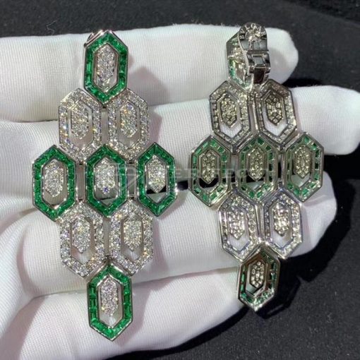 Bvlgari Serpenti Earrings 18k White Gold 3.66 Ct Full Diamond Pave and Emerald