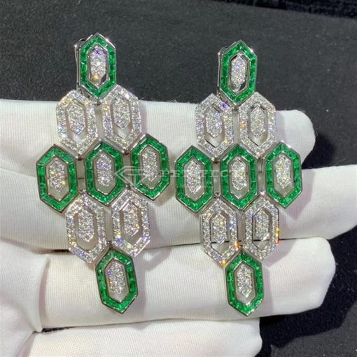 Bvlgari Serpenti Earrings 18k White Gold 3.66 Ct Full Diamond Pave and Emerald