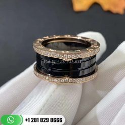 REF . 349924 B.zero1 four-band ring with two 18 kt rose gold loops set with pavé diamonds on the edges and a black ceramic spiral.