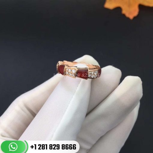 REF . 353348 Serpenti Viper band ring in 18 kt rose gold set with carnelian elements and pavé diamonds (0.53 ct).