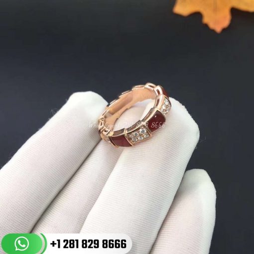 REF . 353348 Serpenti Viper band ring in 18 kt rose gold set with carnelian elements and pavé diamonds (0.53 ct).