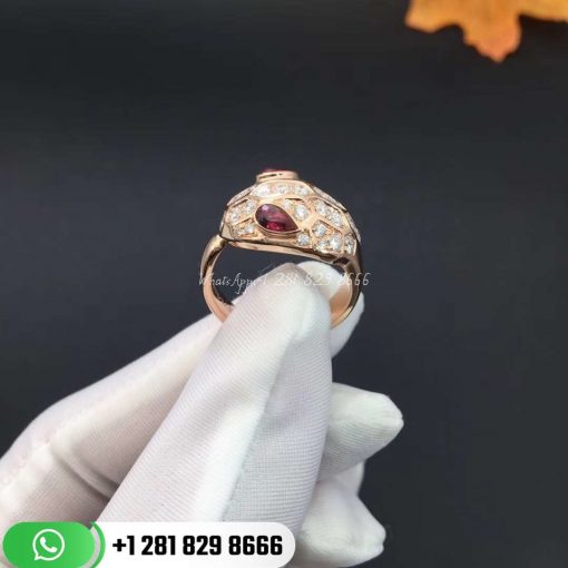 REF . 352788 Serpenti ring in 18 kt rose gold, set with rubellite eyes and full pavé diamonds.