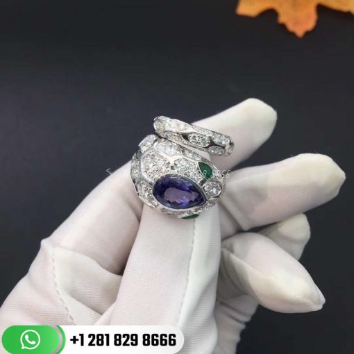 REF . AN858337 Serpenti ring in 18 kt white gold with blue sapphire, emeralds and pavé diamonds