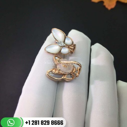 VCARO8FN00 Two Butterfly earrings, rose gold, white mother-of-pearl, white gold, marquise-cut diamonds, diamond quality DEF, IF to VVS.