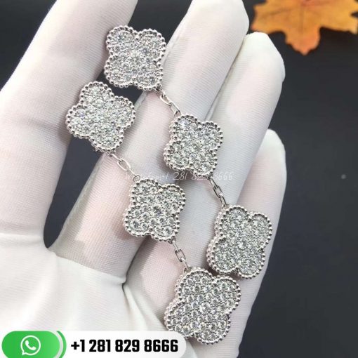 VCARN9MR00 Magic Alhambra earrings, 3 motifs, white gold, round diamonds; diamond quality DEF, IF to VVS.