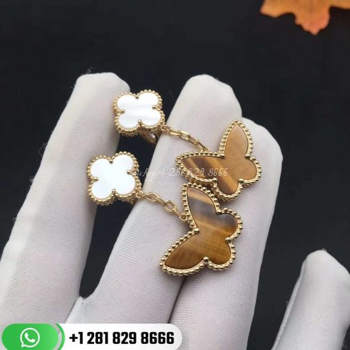 VCARD79800 Lucky Alhambra earrings, 2 motifs, yellow gold, white mother-of-pearl, tiger’s eye.