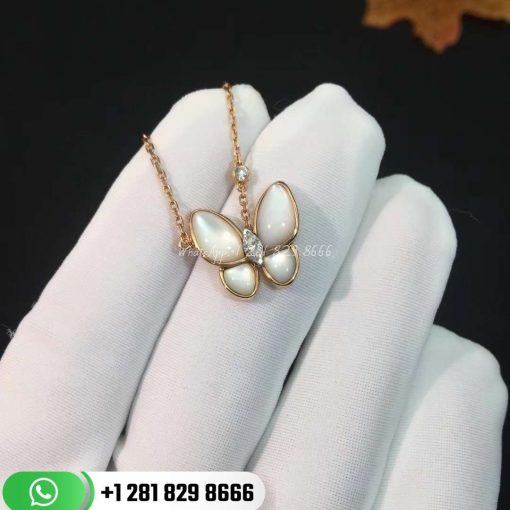 VCARO8FO00 Two Butterfly pendant, rose gold, white mother-of-pearl, round diamond, white gold, marquise diamond, diamond quality DEF, IF to VVS.