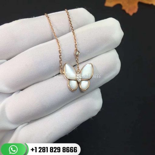 VCARO8FO00 Two Butterfly pendant, rose gold, white mother-of-pearl, round diamond, white gold, marquise diamond, diamond quality DEF, IF to VVS.