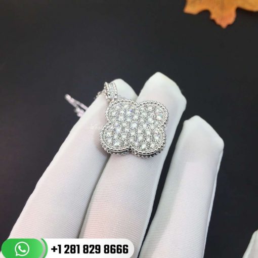 VCARN9MS00 Magic Alhambra pendant, white gold, round diamonds; diamond quality DEF, IF to VVS.
