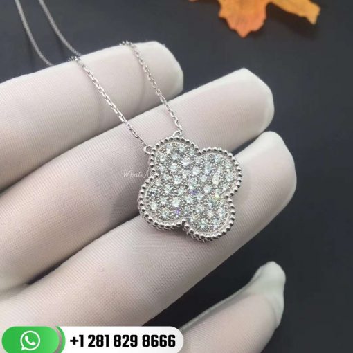 VCARN9MS00 Magic Alhambra pendant, white gold, round diamonds; diamond quality DEF, IF to VVS.