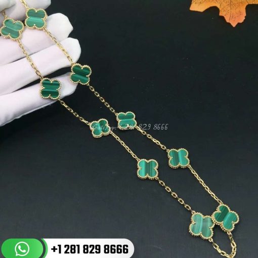 VCARO3QJ00 Vintage Alhambra necklace, 10 motifs, yellow gold, malachite.