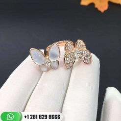 VCARO7AL00 Two Butterfly Between the Finger ring, rose gold, white mother-of-pearl, round diamonds, white gold, marquise diamonds, diamond quality DEF, IF to VVS.