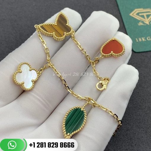 VCARD79600 Lucky Alhambra bracelet, 4 motifs, yellow gold, carnelian, tiger’s eye, white mother-of-pearl, malachite.