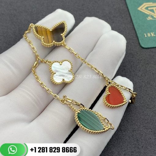 VCARD79600 Lucky Alhambra bracelet, 4 motifs, yellow gold, carnelian, tiger’s eye, white mother-of-pearl, malachite.