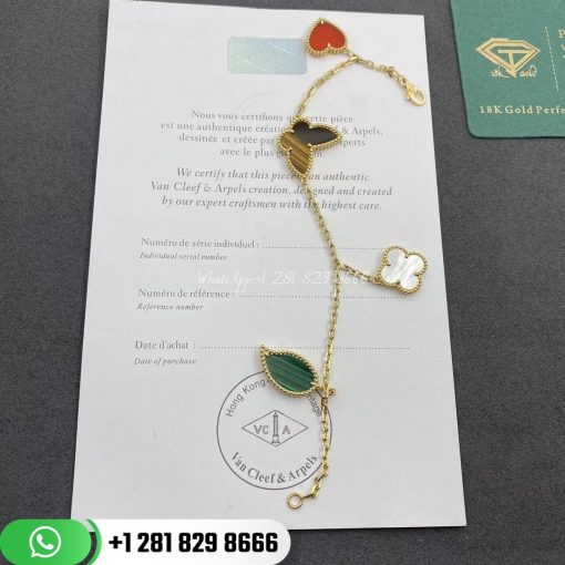 VCARD79600 Lucky Alhambra bracelet, 4 motifs, yellow gold, carnelian, tiger’s eye, white mother-of-pearl, malachite.