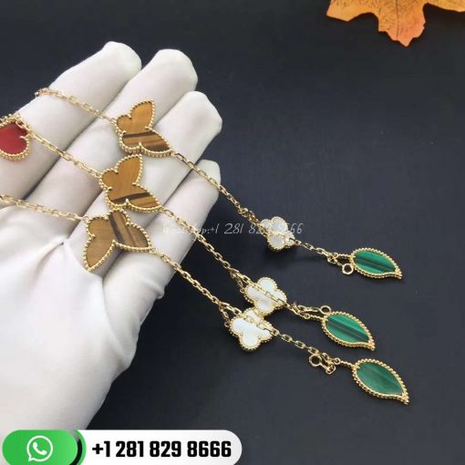 VCARD79600 Lucky Alhambra bracelet, 4 motifs, yellow gold, carnelian, tiger’s eye, white mother-of-pearl, malachite.