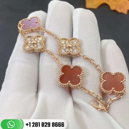 VCARO7GQ00 Vintage Alhambra bracelet, 5 motifs, yellow gold, carnelian, round diamonds; diamond quality DEF, IF to VVS.