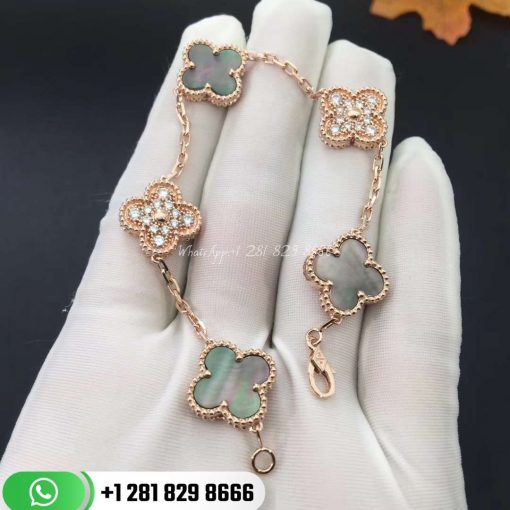 Van Cleef & Arpels Vintage Alhambra Bracelet 5 Motifs Diamond Mother-of-pearl VCARP2R100