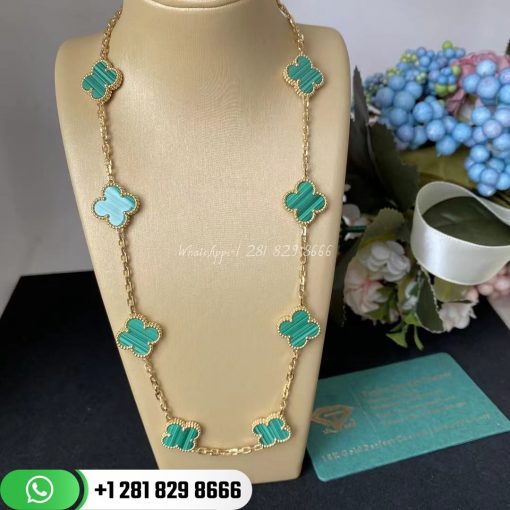 Van Cleef & Arpels Vintage Alhambra Necklace 10 Motifs Yellow Gold Malachite