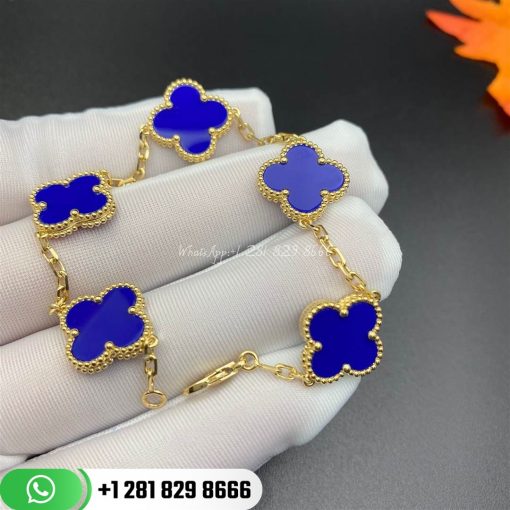 VCARP34900 Vintage Alhambra bracelet, 5 motifs, yellow gold, blue agate.