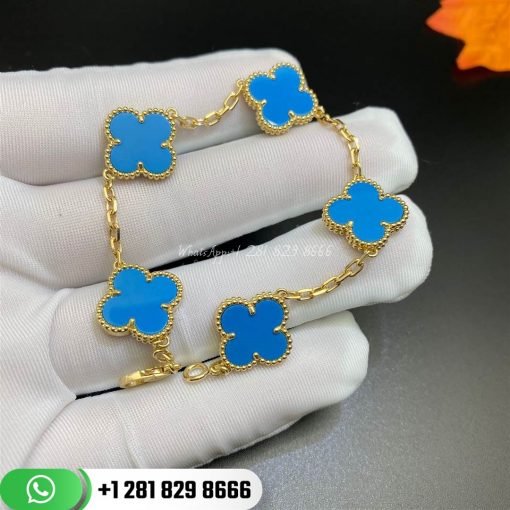 VCARA42000 Vintage Alhambra bracelet, 5 motifs, yellow gold, Turquoise.