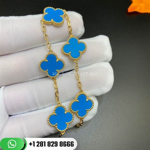 VCARA42000 Vintage Alhambra bracelet, 5 motifs, yellow gold, Turquoise.