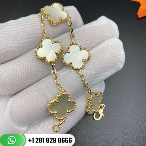 VCARA41800 Vintage Alhambra bracelet, 5 motifs, yellow gold, Mother-of-pearl.
