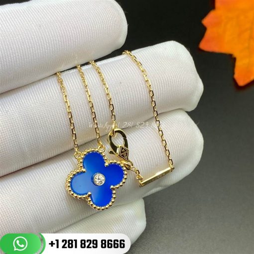 VCARP46000 Vintage Alhambra pendant, yellow gold, Celestial Blue Sèvres porcelain, round diamond; diamond quality DEF, IF to VVS; limited edition.