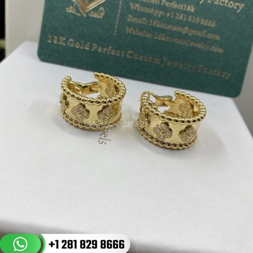 VCARO3YE00 Perlée clovers hoop earrings, yellow gold, round diamonds; diamond quality DEF, IF to VVS.