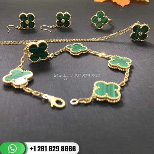 VCARL80900 Vintage Alhambra bracelet, 5 motifs, yellow gold, malachite.