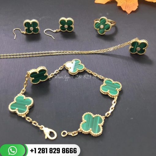 VCARL80900 Vintage Alhambra bracelet, 5 motifs, yellow gold, malachite.