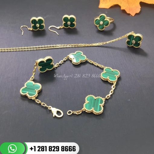 VCARL80900 Vintage Alhambra bracelet, 5 motifs, yellow gold, malachite.