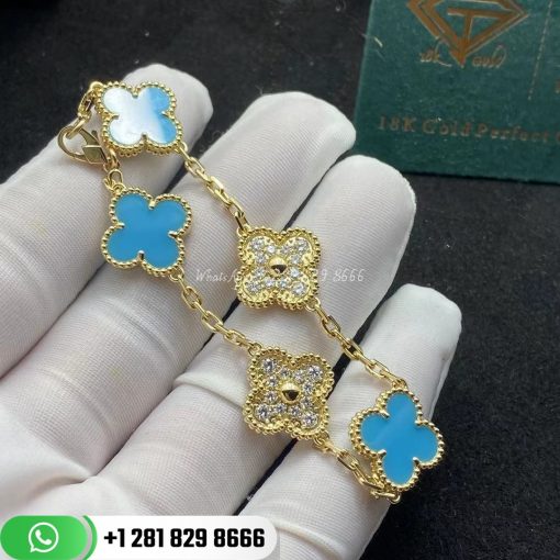 Van Cleef & Arpels Vintage Alhambra Bracelet 5 Motifs Yellow Gold Diamond Turquoise