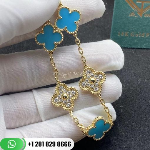 Van Cleef & Arpels Vintage Alhambra Bracelet 5 Motifs Yellow Gold Diamond Turquoise