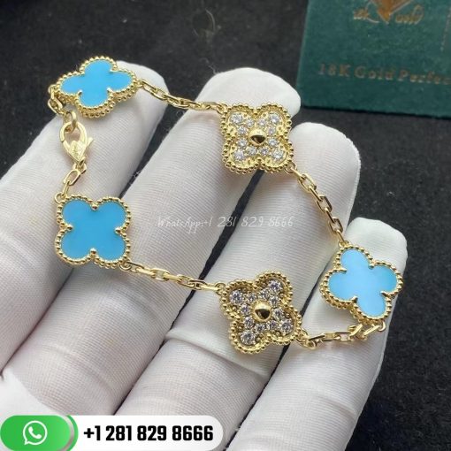 Van Cleef & Arpels Vintage Alhambra Bracelet 5 Motifs Yellow Gold Diamond Turquoise