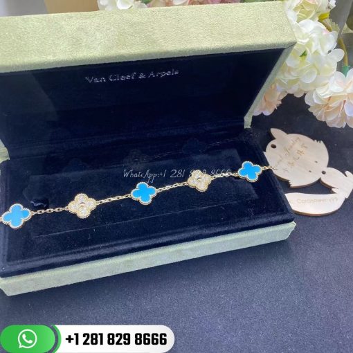 Van Cleef & Arpels Vintage Alhambra Bracelet 5 Motifs Yellow Gold Diamond Turquoise