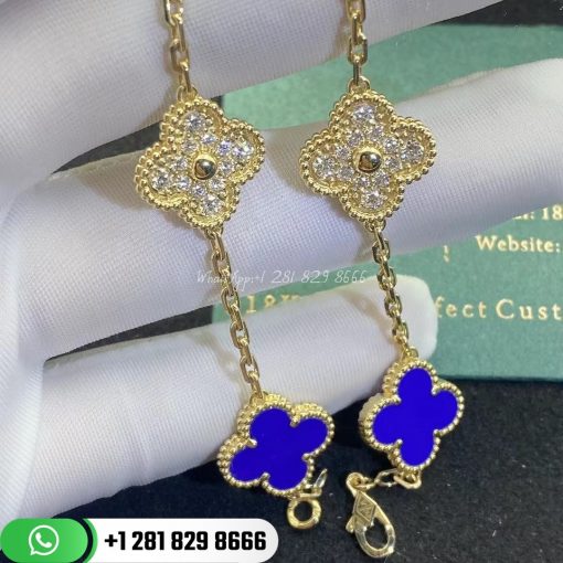 Van Cleef & Arpels Vintage Alhambra Bracelet 5 Motifs Yellow Gold Diamond Lapis lazuli