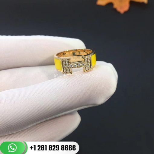 Hermes Clic H Yellow Enamel Ring 18k Rose Gold Set With Diamond