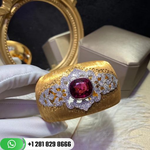 Buccellati Cuff Bracelet Yellow and White Gold with Rubies and Diamonds. Buccellati Opera cuff bracelets with rigato engraving.