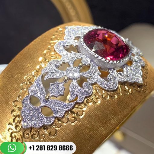 Buccellati Cuff Bracelet Yellow and White Gold with Rubies and Diamonds. Buccellati Opera cuff bracelets with rigato engraving.