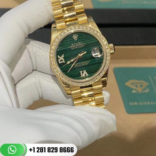 Rolex Yellow Gold Datejust 31 Watch Fluted Bezel Malachite Diamond Six and Nine Dial Oyster Bracelet