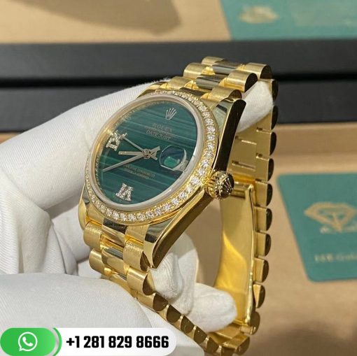 Rolex Yellow Gold Datejust 31 Watch Fluted Bezel Malachite Diamond Six and Nine Dial Oyster Bracelet