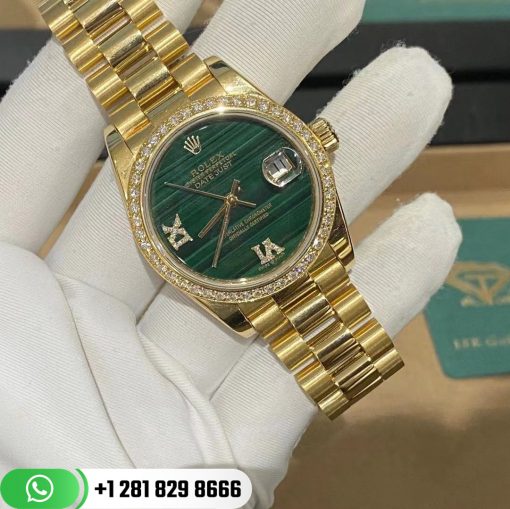 Rolex Yellow Gold Datejust 31 Watch Fluted Bezel Malachite Diamond Six and Nine Dial Oyster Bracelet