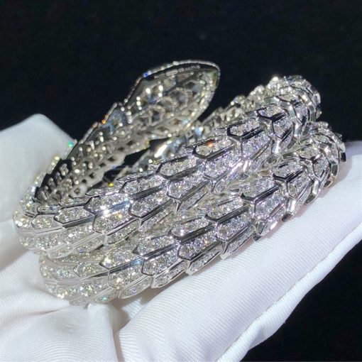 Bulgari Serpenti White Gold Full Diamond Pave Large Bangle Bracelet