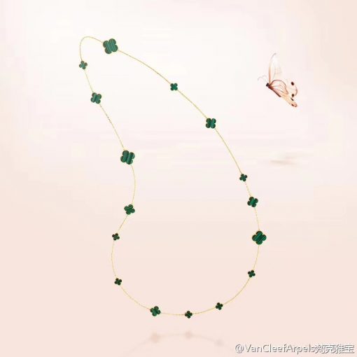 Magic Alhambra Long Necklace 16 Motifs Yellow Gold Malachite Vcaro2af00 (4)