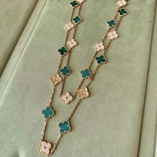 Van Cleef Arpels Vintage Alhambra Long Necklace, 20 Motifs Yellow gold, Diamond, Malachite VCARO7GP00