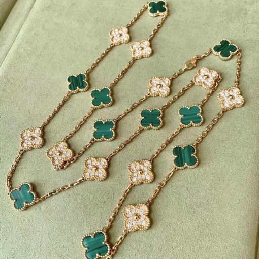 Van Cleef Arpels Vintage Alhambra Long Necklace, 20 Motifs Yellow gold, Diamond, Malachite VCARO7GP00