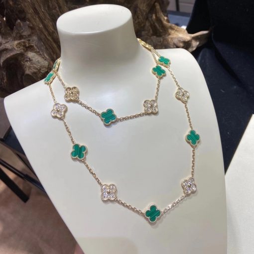 Van Cleef Arpels Vintage Alhambra Long Necklace, 20 Motifs Yellow gold, Diamond, Malachite VCARO7GP00