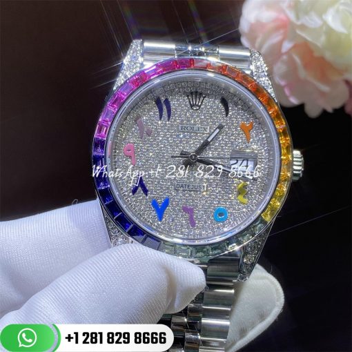 Rolex Datejust 41 Diamond Rainbow Bezel Arabic 41mm Steel Jubilee Watch 126300 Custom Watches Coral (3)